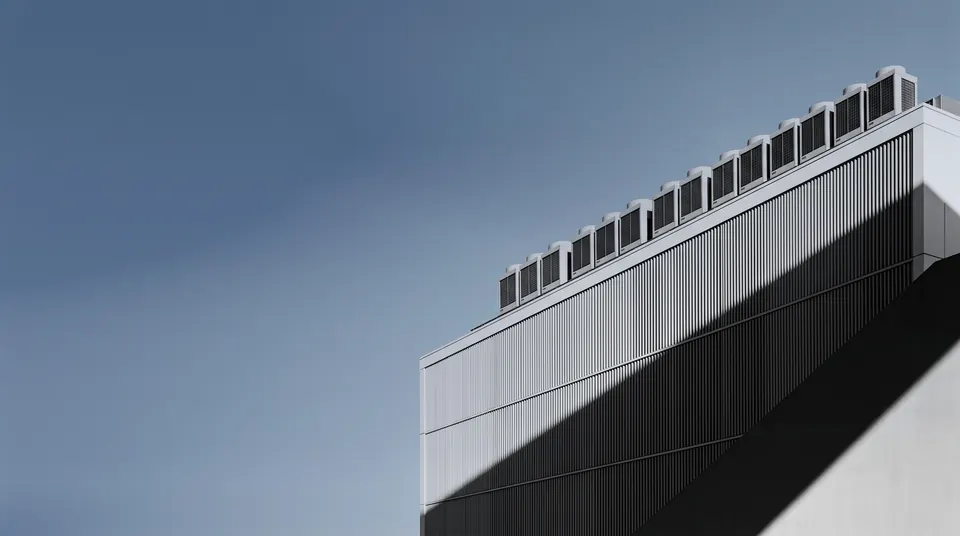 The louvred facade of a data center building with a row of cooling units along its roof, against a blue sky
