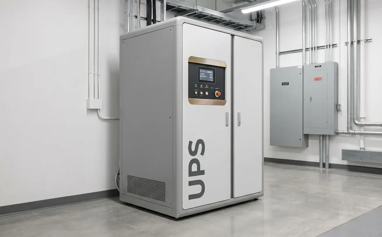 A floor-standing UPS cabinet in a plant room